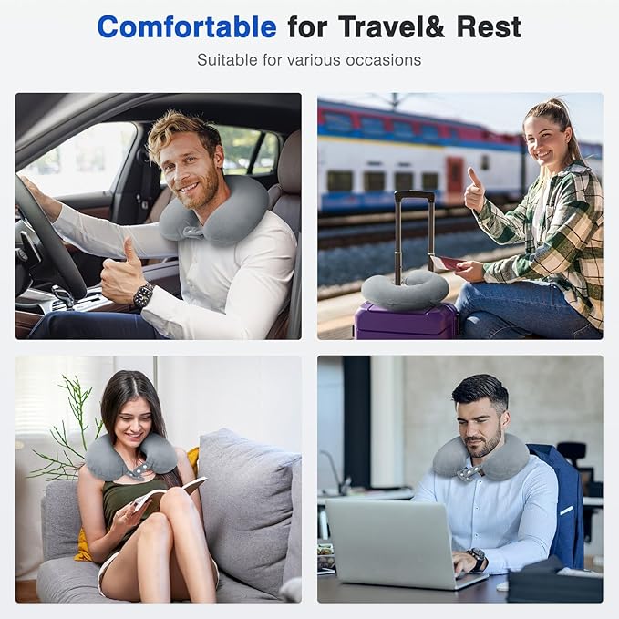 Travel Neck Pillow Airplane, Soft Memory Foam Support Head Neck Chin, with Removale Cover and Adjustable Snap Button, Comfortable Sleeping in Plane Car Train Traveling Office, Light Grey