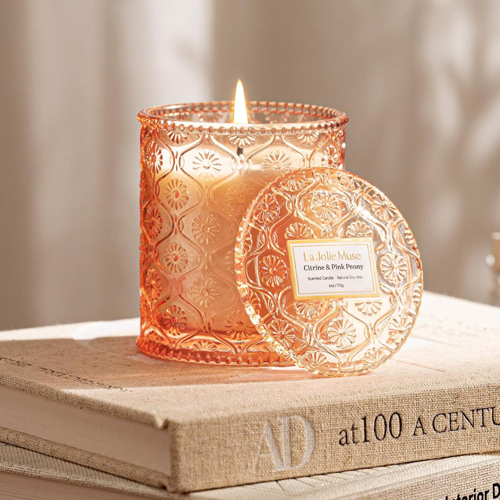 LA JOLIE MUSE Citrine & Pink Peony Scented Candles - Bergamot, Peony, Amber | 6 oz Natural Soy Wax | 40 Hours Clean Burn | Citrus Scented Candle| Gift-Ready for Hosts & Gatherings