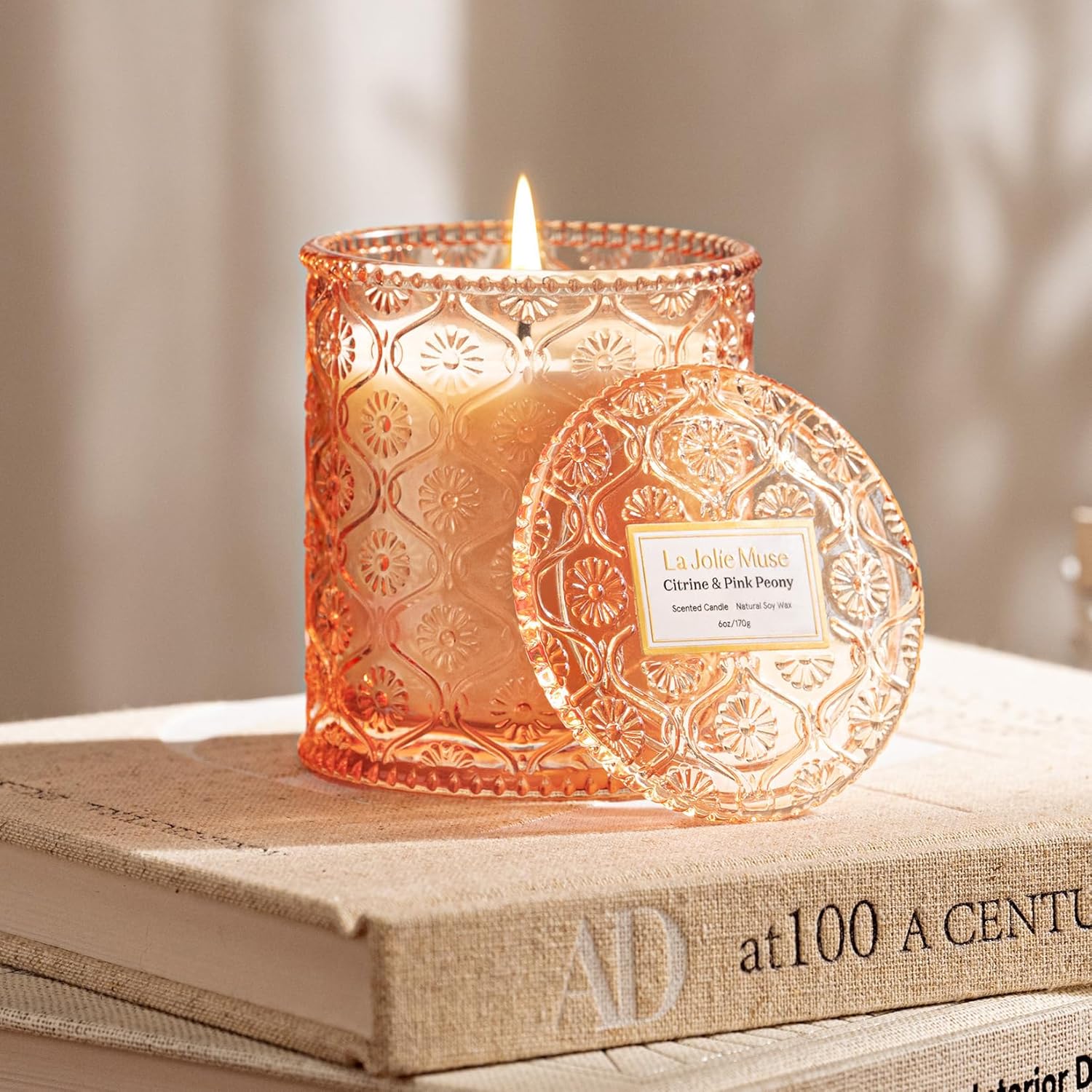 LA JOLIE MUSE Citrine & Pink Peony Scented Candles - Bergamot, Peony, Amber | 6 oz Natural Soy Wax | 40 Hours Clean Burn | Citrus Scented Candle| Gift-Ready for Hosts & Gatherings
