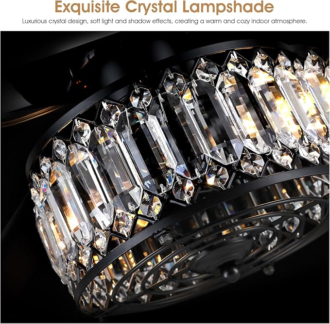 Chandelier Ceiling Fans with Lights, Crystal Ceiling Fan with Remote, 48 Inch Farmhouse Fandelier Ceiling Fan for Living Room Dining Room Bedroom, Dual Finish Wooden Blades, Black