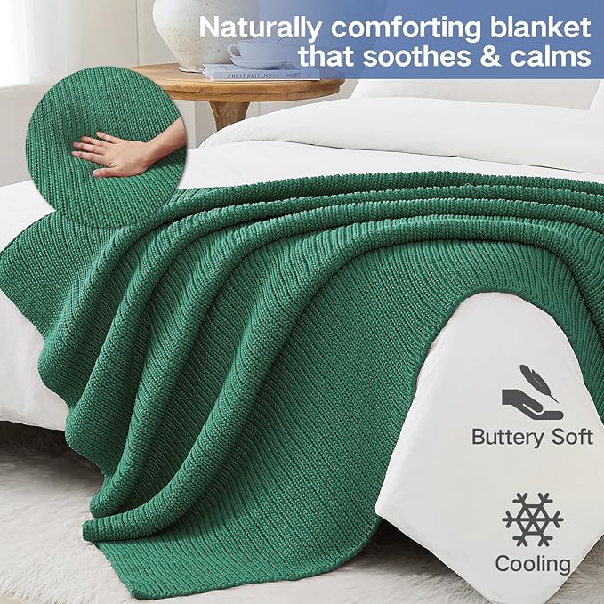 Knitted Weighted Blanket(Green 60"x80" 15lbs),Home Décor Cooling Throw Blanket for Hot Sleepers,Hand Made Chunky Knit Heavy Blanket for Adults Use on Queen/King Size Bed