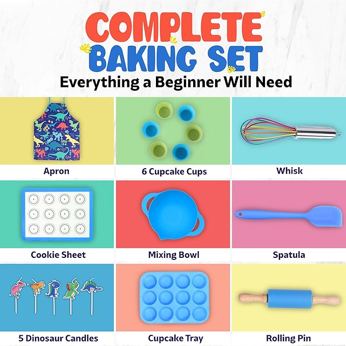 Osmi Complete Kids Baking Set - 14pc Dinosaur Chef Baking Kit - Premium Kid Cooking Gift Set w/ Real Utensils for Boys and Girls 4-12 - Bake Cookies, Cakes, and Cupcakes (Dino Theme)