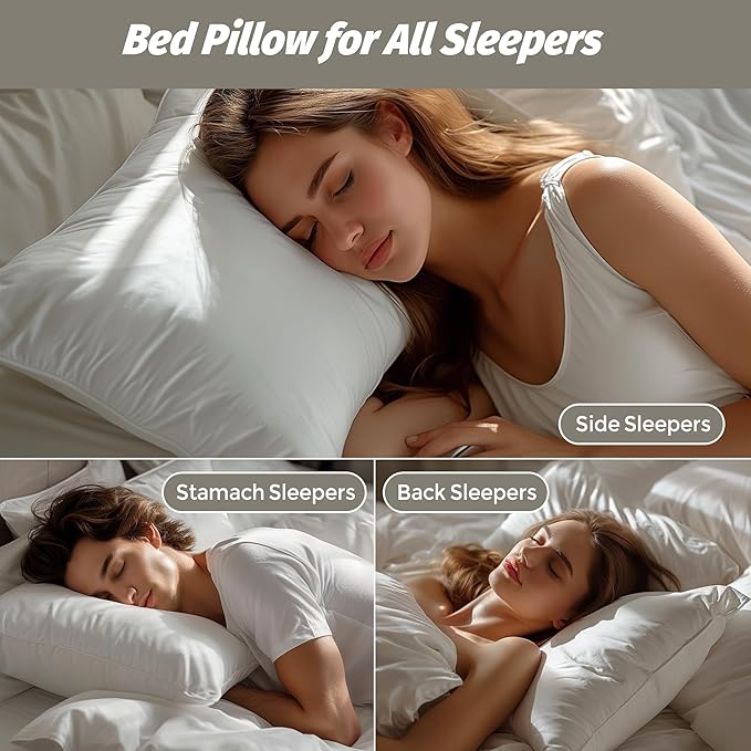 Goose Down Feather Pillows, Soft Bed Pillows Standard Size Set of 2, 100% Soft Cotton Shell, Bedding Pillow for Back, Stomach or Side Sleepers