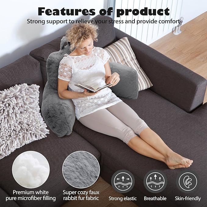 Reading Pillow for Sitting in Bed Adult, Standard Reading Pillow with Memory Foam, Back Pillow for Bed Sitting Up with Extend Arms, Bed Reading Pillow, Grey