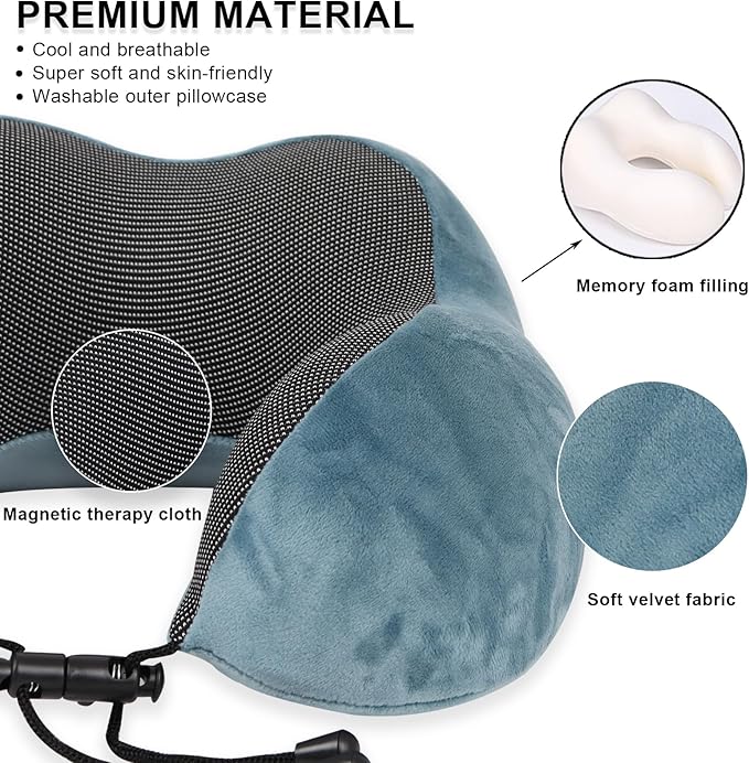 Pure Memory Foam Travel Pillow Set for Adults - Comfortable & Breathable Removable Cover, Airplane Travel Kit with Eye Mask & Portable Storage Bags for Plane Accessories - Blue