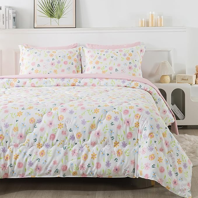Wajade Floral Comforter Set Bed in A Bag Full Size 7 Piece Botanical Flower Green Leaves Rabbits Bedding Set for Girls (1 Comforter, 1 Flat Sheet, 1 Fitted Sheet, 2 Pillowcase and 2 Pillow Sham)