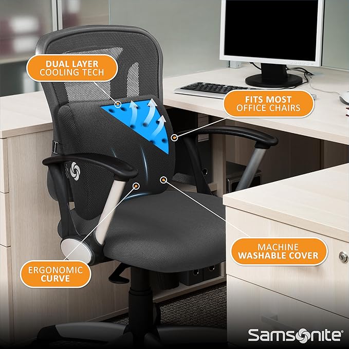 SAMSONITE Gel-Infused Memory Foam Lumbar Support Pillow with Enhanced Airflow Design for Cooling Experience, Fits Most Office Chairs and Car Seats, Lower Back Cushion for Enhanced Ergonomic Benefits…
