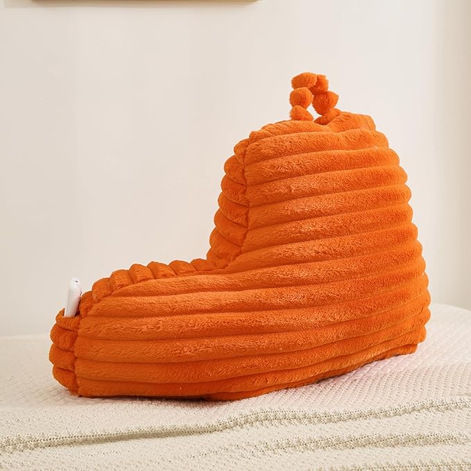 Faux Fur Fluffy Orange Reading Pillow with Pockets, Luxury Striped Plush Decorative, Arm Rests and Back Surport for Bed Rest, Lounging on sofa, Standard