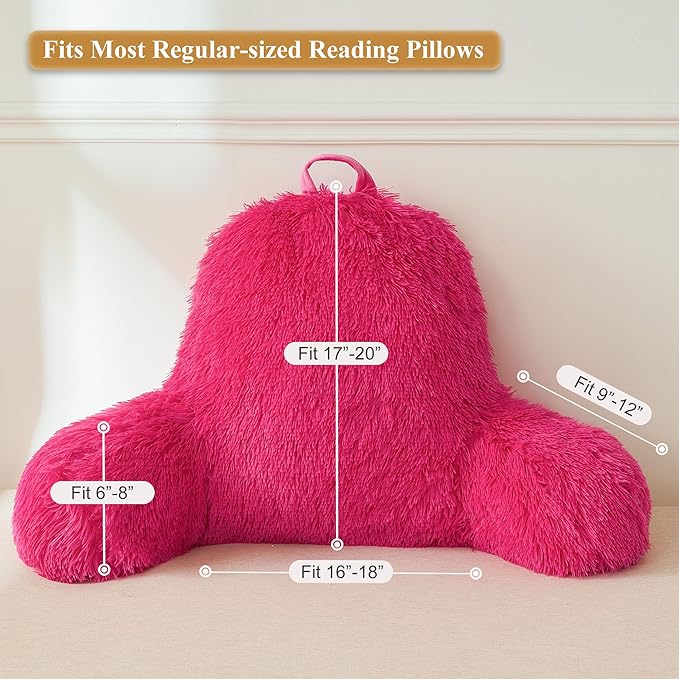 XeGe Fluffy Back Support Pillow Cover for Bed (No Filler), Faux Fur Backrest Pillow Case for Sitting in Bed, Furry Reading Pillow Cover for Adults Kids, Fuzzy Sit Up Pillow for Floor Chair, Hot Pink
