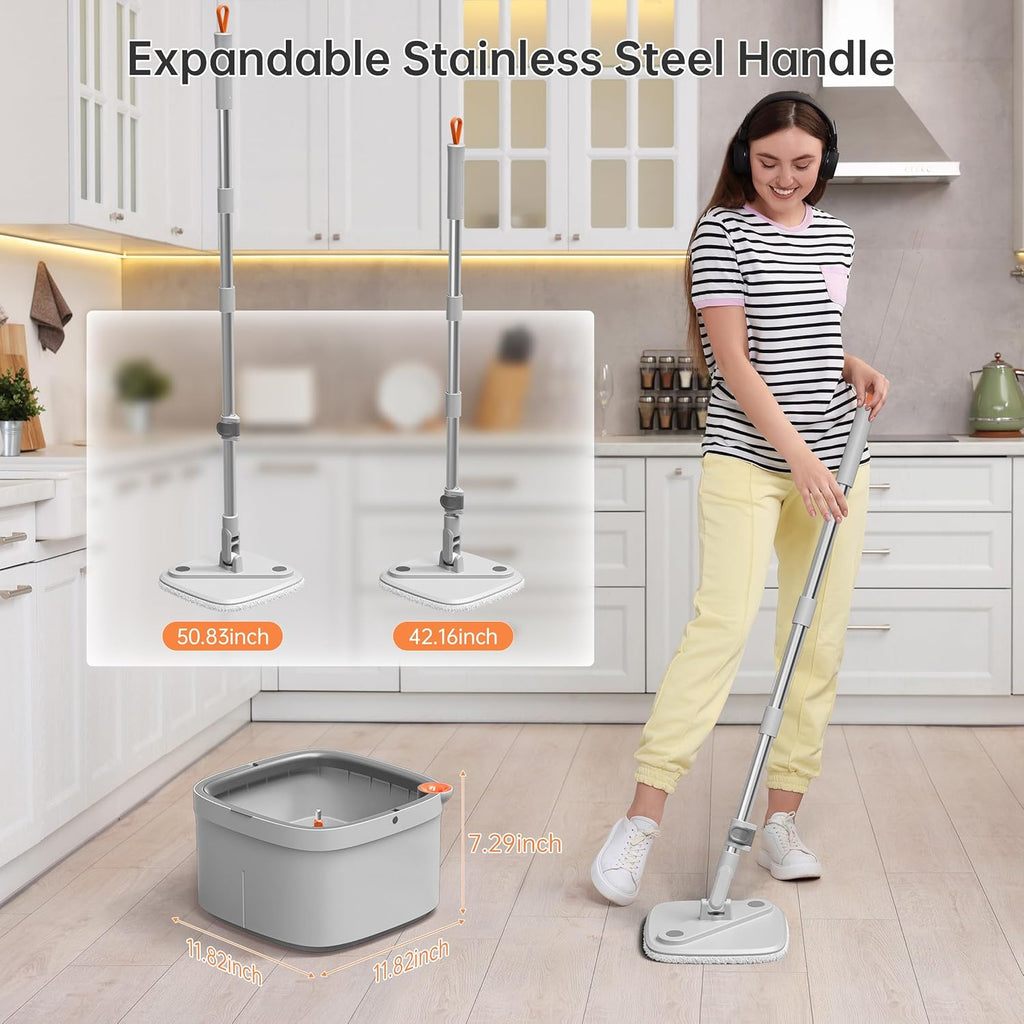 KZKR Spin Mop and Bucket Set with Self Separation Dirty and Clean Water System, Self Wringing 360° Rotating Square Mop Head for Home Floors Cleaning (1.0 Mop and Bucket Set (6 Pads))