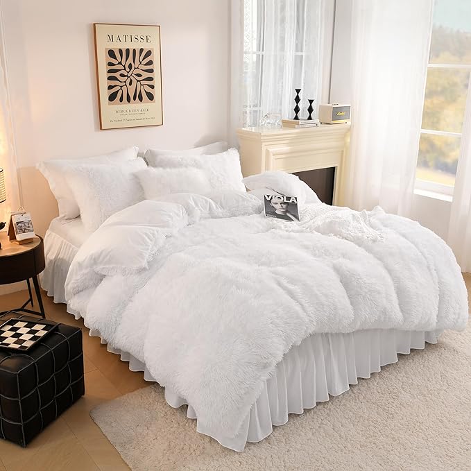 Litanika White Fluffy Comforter King Size, Luxury Shaggy Faux Fur Plush Bedding Set for King Bed, Ultra Soft Warm Velvet Comforter 3 Pieces(1 Fuzzy Comforter 104×90 Inch, 2 Pillowcases)