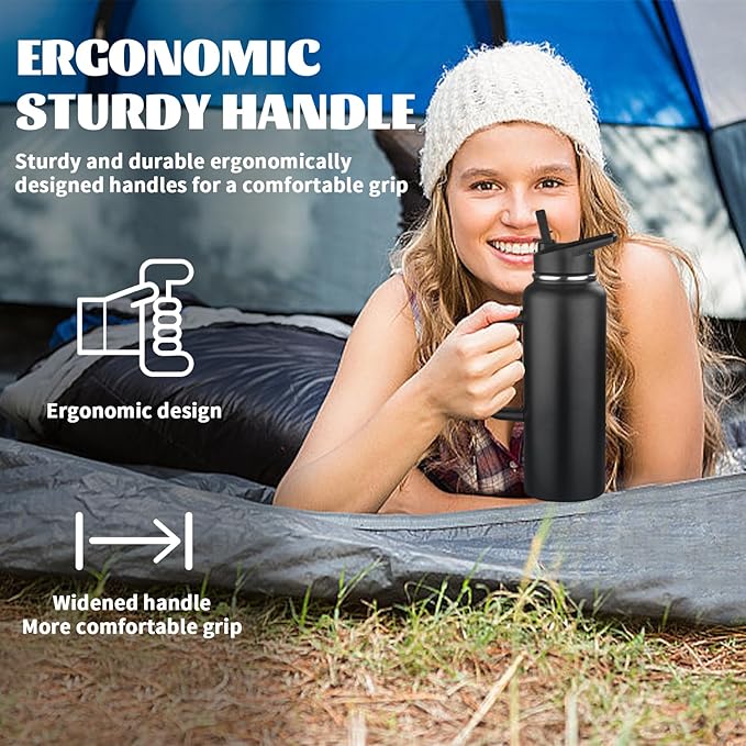 40oz Insulated Water Bottle with Handle, Stainless Steel Sports Metal Water Flask with Straw & 2 Leak Proof Lids, Double Walled Vacuum Wide Mouth Water Bottle for Travel, Camping, Gym Sports (Black)