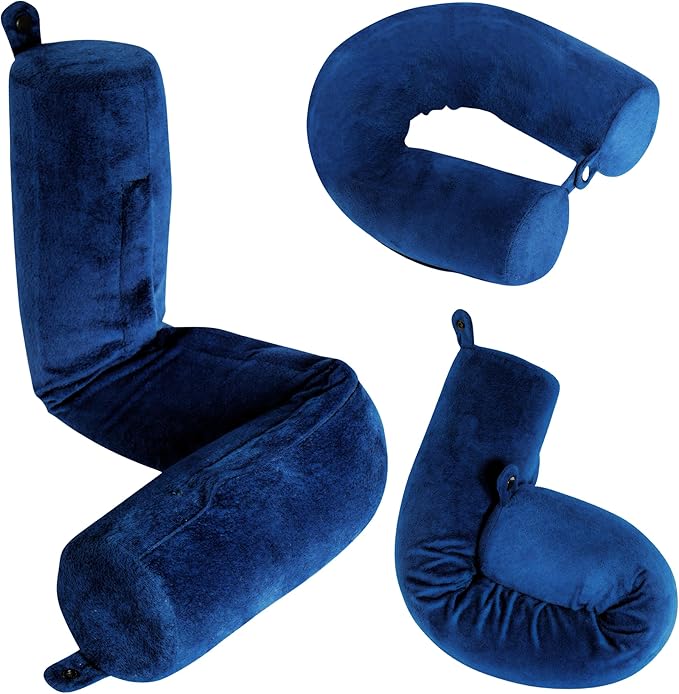 Dot&Dot Twist Memory Foam Travel Pillow for Airplanes - Travel Neck Pillow for Sleeping - Airplane Pillow for Neck Support, Chin, Lumbar and Leg - Adjustable, Bendable Neck Roll Pillow (Velvet Blue 1)