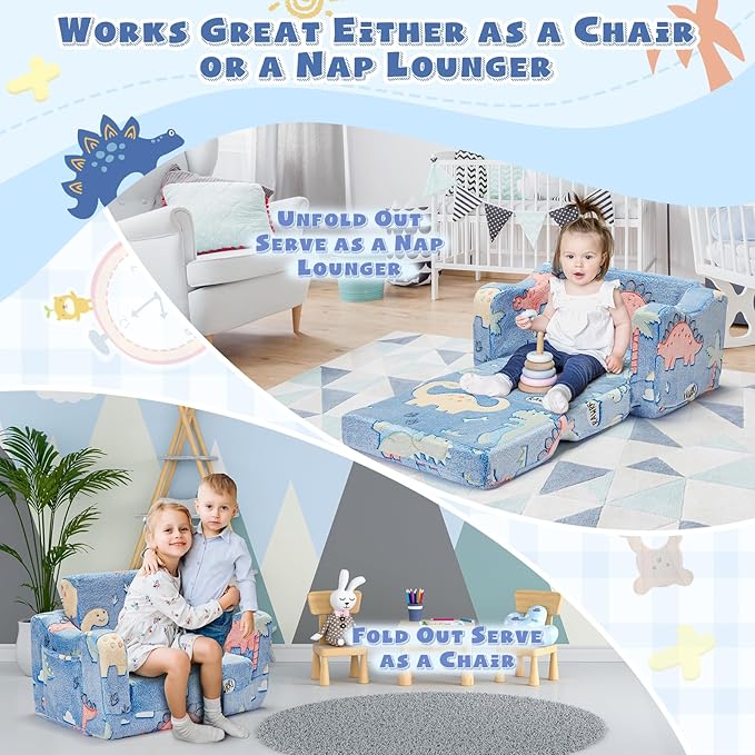 2-in-1 Toddler Chairs Comfy, Toddler Couches That Fold Out,Glow in The Dark, Extra Wide Kids Chairs for Toddler, Baby Couch for 1-3 Year Old Gifts for Girls & Boys, Blue