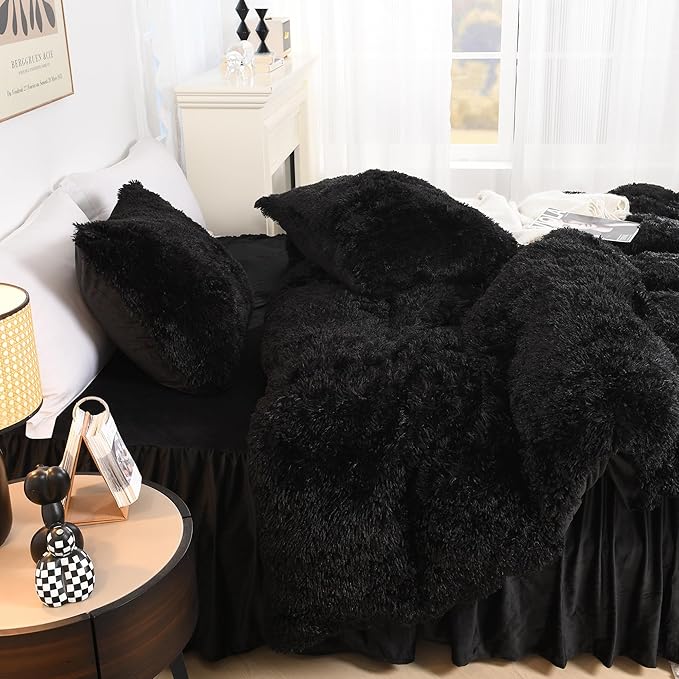 Litanika Black Fluffy Comforter King Size, Luxury Plush Faux Fur Bedding Set for King Bed, Ultra Soft Warm Velvet Fuzzy Comforter 3 Pieces(1 Shaggy Comforter 104×90 Inch, 2 Pillowcases)