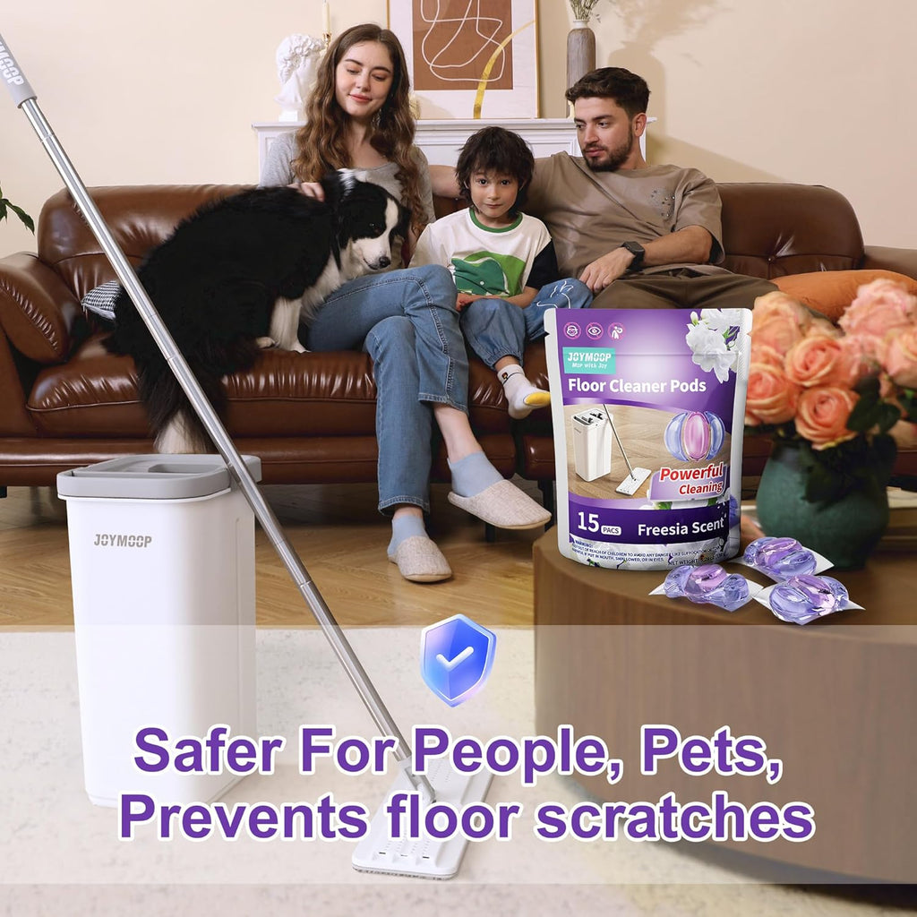 JOYMOOP Mop and Bucket with Wringer Set and Floor Cleaner Pods, Flat Floor Mop with 3 Reusable Microfiber Pads, Wet and Dry Use, Freesia Scent Pack of 15 Pacs for Floor Cleaning