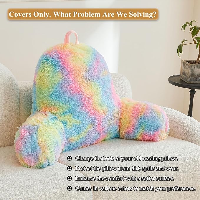 XeGe Fluffy Back Support Pillow Cover for Bed (No Filler), Tie Dye Faux Fur Backrest Pillow Case, Furry Reading Pillow Cover with Arms Adults Kids Girls, Fuzzy Sit Up Study Pillow for Floor, Rainbow