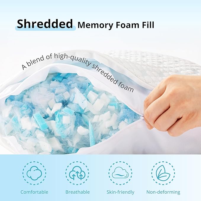 Shredded Memory Foam Pillows for Hot Sleepers, Cooling Adjustable Bed Pillows for Side, Back or Stomach Sleepers, Neck Pillows for Sleeping, Queen Pillow with Removable Cover (2 Pack, Cooling)