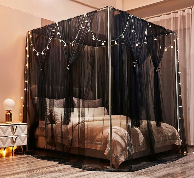 Mengersi Bed Canopy Canopy Bed Curtains with Lights- 4 Corners Post Royal Bed Drapes Mosquito Net- Elegant Bedroom Decoration Accessories for Adults(Full,Black)