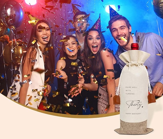 30th Birthday Wine Bag, Cotton Linen Wine Gift Bag With Drawstring, Wine Champagne Bottle Gift Bag, Thirty Years Old Birthday Gifts Wine Bag for Woman Man, 30th Birthday Party Favors-32