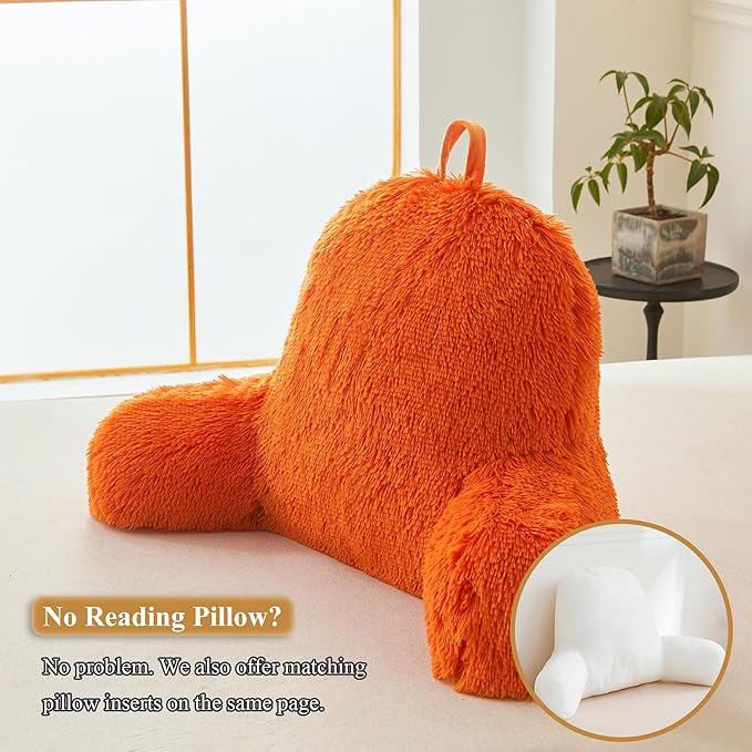 XeGe Fluffy Back Support Pillow Cover for Bed (No Filler), Faux Fur Back Rest Pillow Case for Sitting in Bed, Furry Reading Pillow Cover with Arms Adults Kids, Fuzzy Sit Up Pillow Floor Chair, Orange