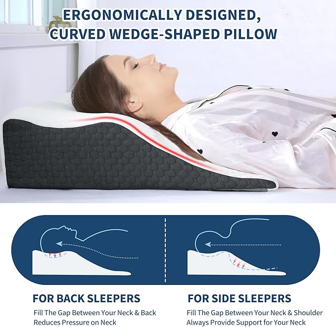 HOMBYS 8" Bed Wedge Pillow for Back & Side Sleepers, Wave-Shaped Design Fit The Neck Curve, Back Support & Neck Elevation Pillow, Slow Rebound Foam Filling Supportive Pillow with Breathable Cover