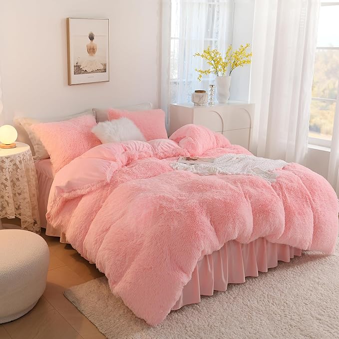 Litanika Fluffy Pink Comforter King Size, Luxury Shaggy Faux Fur Bedding Set Cute for Women Girls, Ultra Soft Velvet Plush Comforter King Bed 3 Pieces(1 Fuzzy Comforter 104×90 Inch, 2 Pillowcases)
