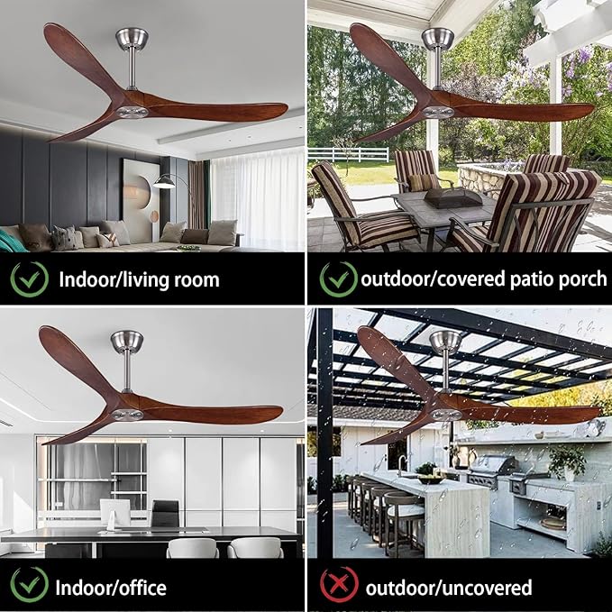 Bigzone 60" Ceiling Fan No Light, Energy Efficient DC Motor, 3 Brown Solid Wood Blades, Wood Ceiling Fan with Remote Control,Brushed Nickel Ceiling Fan With Reversible Blades