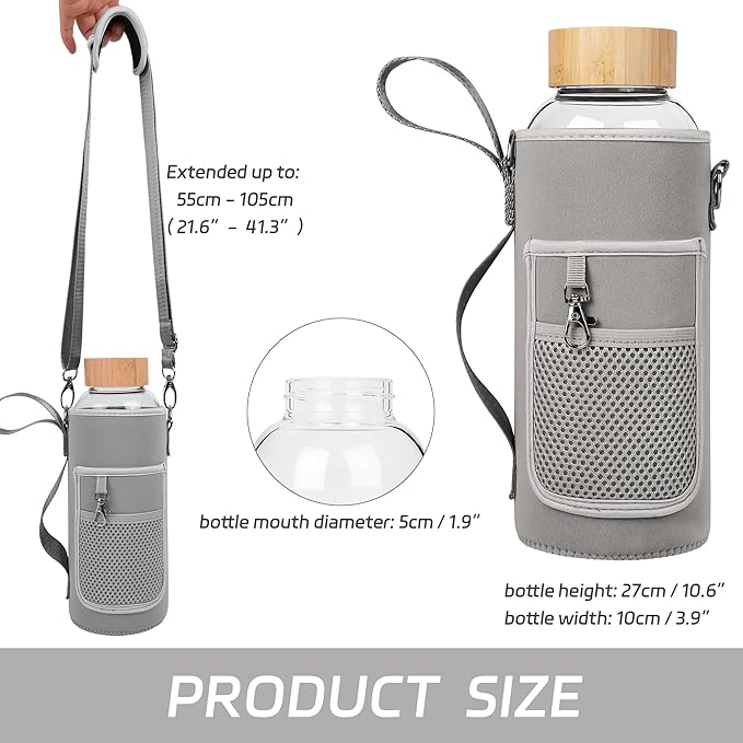48 oz Sports Borosilicate Glass Water Bottle with Bamboo Lid with Neoprene Sleeve