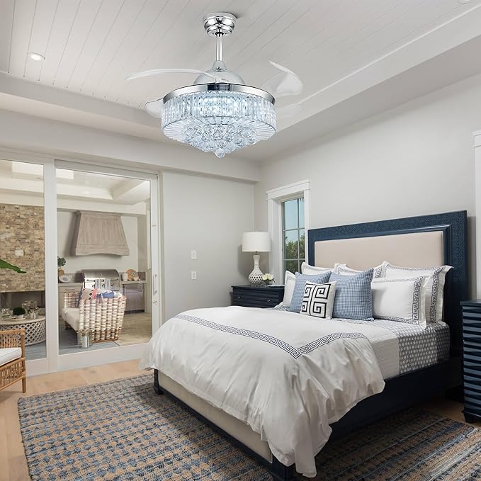 42'' Crystal Chandelier Fan Fandelier Retractable Ceiling Fans with Light and Remote, Invisible Fandelier Ceiling Fan with Light for Bedroom (Crystal-Silver)