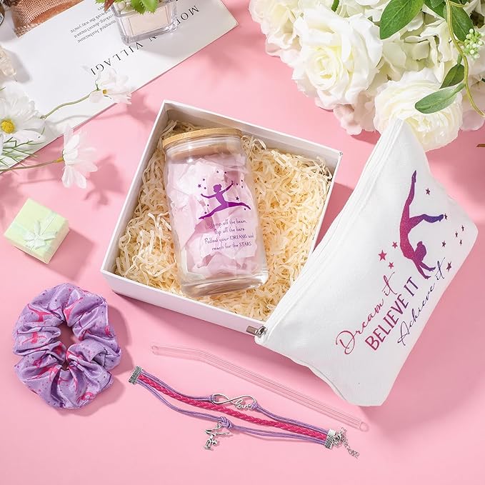 4 Pcs Gymnastics Gifts Gymnastics Glass Cup 16oz Inspirational Gymnastics Water Bottles Makeup Bag Bracelet Elastic Scrunchies for Girls Gymnastics Lovers Back to School