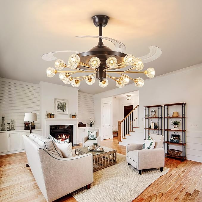 Sputnik Ceiling Fan with Light: Chandelier with Fan for Living Room - Black Fandelier with 18 Lights and Crystal for Dining Room Bedroom - 42" Retractable Ceiling Fan with Lights
