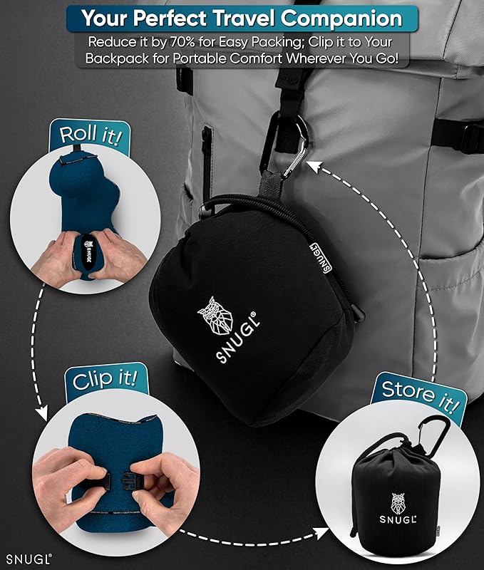 SNUGL Neck Travel Pillow - Memory Foam Airplane Pillow - Flight Pillow | Neck Support Travel Pillow with Carry Bag & Clip | Neck Pillows for Sleeping Travel Plane | Flying Travel Essentials - Navy