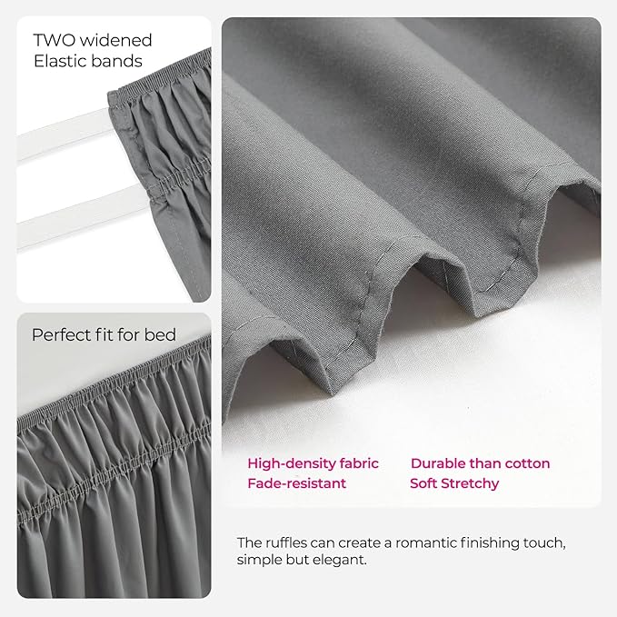 RIMELA Dorm Bed Skirt Twin XL 18 Inch Drop, Extra Long Wrap Around Elastic Bed Skirts Easy to Put On Twin Size Dust Ruffle, Gray Bedskirt for Adjustable Bed Base Solid Silky Fabric Machine Washable