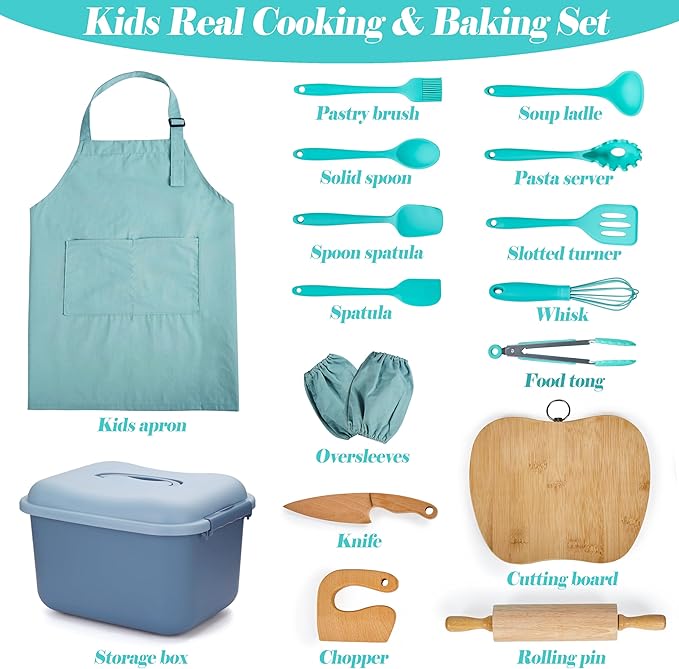 Kids Cooking & Baking Sets Real Little Chef Cooking Utensils Kitchen Set Gifts for Girls Boys Juniors with Utensils Cutting Board Kids Safe Knife Rolling Pin Apron Storage Box (Blue Green)