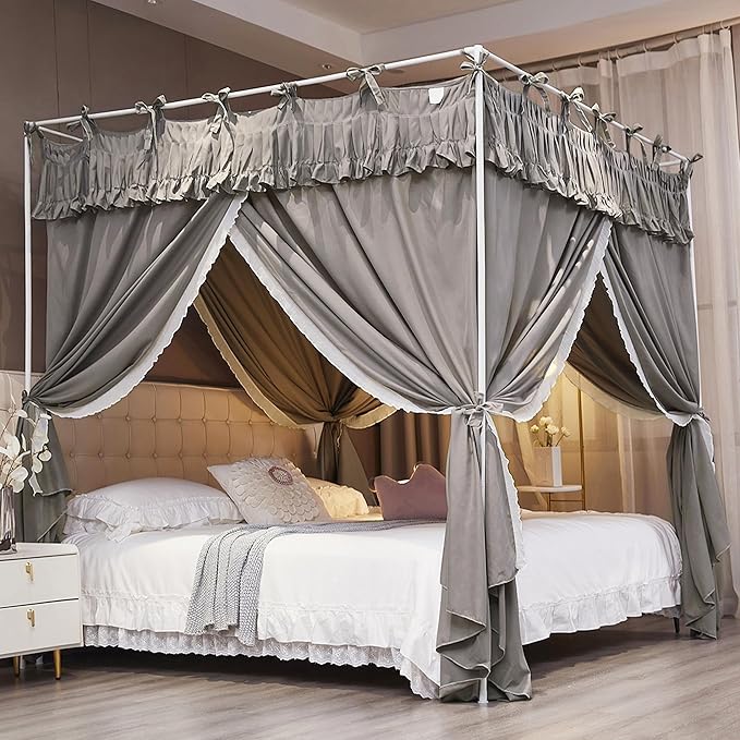 Ruffle Lace up 4 Corners Post Princess Curtain Bed Canopy Cozy Breathable Mosquito Net Cloth for Girls Adults Bedroom Decoration (Grey, 59" W*82" L*82" H/Queen)