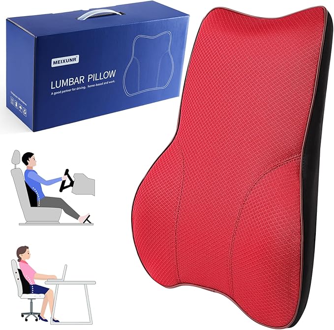 Soft Lumbar Support Pillow for Car Seat and Office Chair Back Support Pillow Memory Foam Back Cushion for Pain Relief Improve Posture (Mesh-Wine Red)