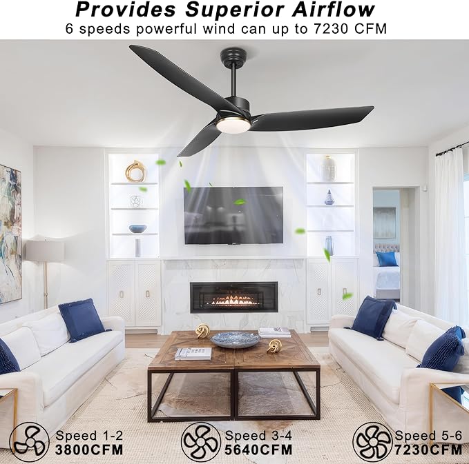 Ohniyou 56 Inch Black Ceiling Fan with Lights, Modern 3 Blades Ceiling Fan with Remote/APP Control, Reversible DC Motor, Dimmable 3 CCT, Indoor Outdoor Ceiling Fan for Covered Patios Living Room