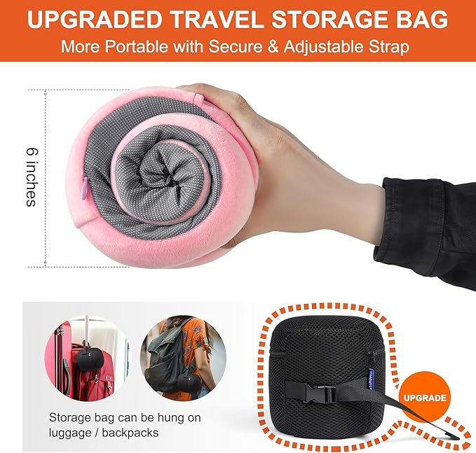 MULIHOMI™ New Packaging Updated Travel Pillow for Airplane with 100% Memory Foam, 360° Adjustable Full Surrounding Flying Neck Pillows, Travel Pillow Set with 3D Eye Masks, Earplugs (Pink)