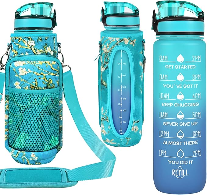 32 oz Water Bottles with Straw & Strap, Motivational Water Bottles with Times to Drink, BPA Free Reusable Sports Water Bottle with Sleeve Carrier for Hiking, Travel, Running or Fitness