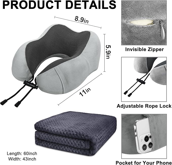 Travel Pillow and Blanket Set Neck Pillows Soft Blankets with Sleep Mask Travel Essentials for Airplane Car Memory Foam Grey