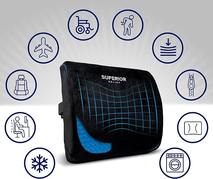 Lumbar Seat Cushion for Office Chair, Memory Foam Low Back Support Pillow for Car, Computer, Gaming Chair, Ergonomic Back Cushion with a Cooling Gel Layer for Pain Relief