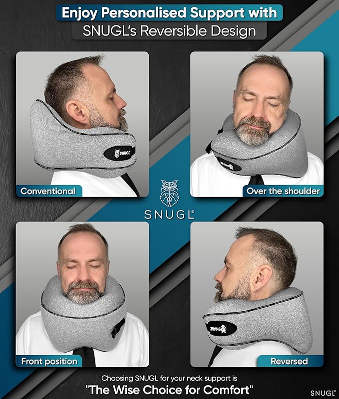SNUGL Neck Travel Pillow - Memory Foam Airplane Pillow - Flight Pillow | Neck Support Travel Pillow with Carry Bag & Clip | Neck Pillows for Sleeping Travel Plane | Flying Travel Essentials - Grey