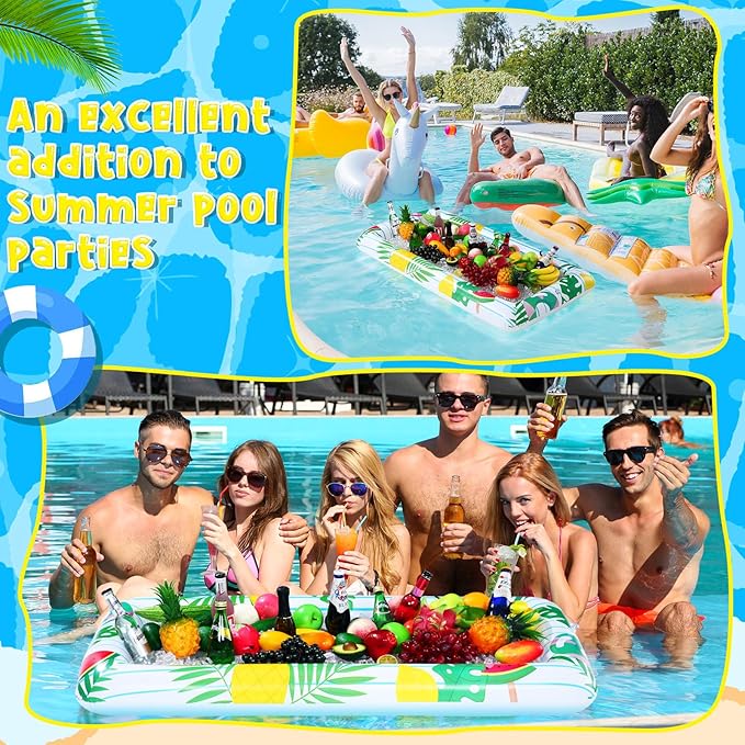 3 Pcs Inflatable Serving Bars Summer Ice Buffet Salad Serving Trays Ice Holder for Party BBQ Picnic Inflatable Drink Cooler with Drain Plug Air Pump Luau Pool Party Supplies (Palm Leaf)