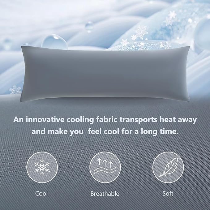 DOWNCOOL Large Body Pillow Insert with Cooling Cover - Soft Long Bed Pillow for Summer - Breathable Full Body Pillow for Adults - 20x54 inch (Grey, with Cover)