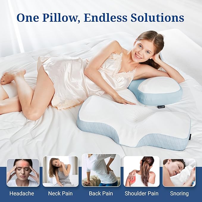 Cervical Pillow for Pain Relief Sleeping, Memory Foam Orthopedic Contour Neck Pillows for Bed with Breathable Pillowcase, Ergonomic Neck Support Pillows for Side, Back and Stomach Sleepers[Blue]