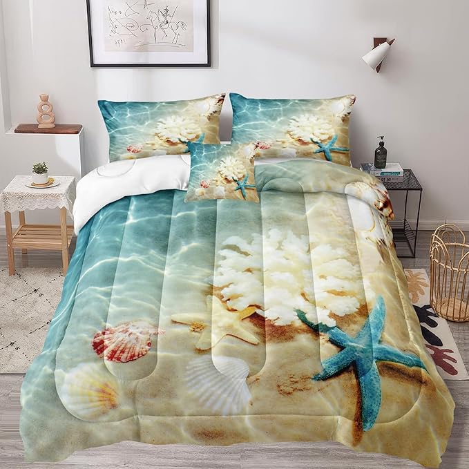 Bedbay California King Comforter Set Beach Themed Bedding California King Beach Comforter Set Coastal Beach Starfish Pattern Oversized 4 Pieces Beach Quilt Comforter Set(104" Wx96 L)