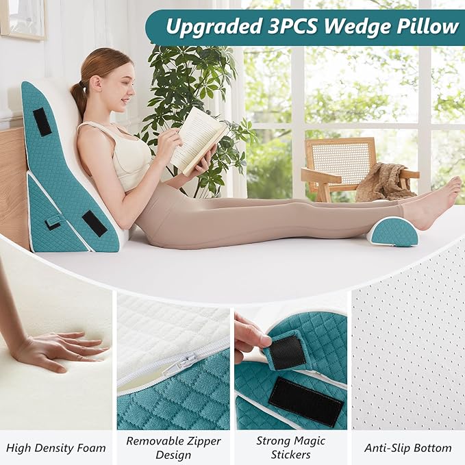 3 PCS Upgraded Bed Wedge Pillow for Sleeping - 35D Post Surgery Pillow for Back Leg Pain Relief - 16.5" Wide Wedge Pillows for After Surgery for Acid Reflux & GERD & Snoring(White Blue)