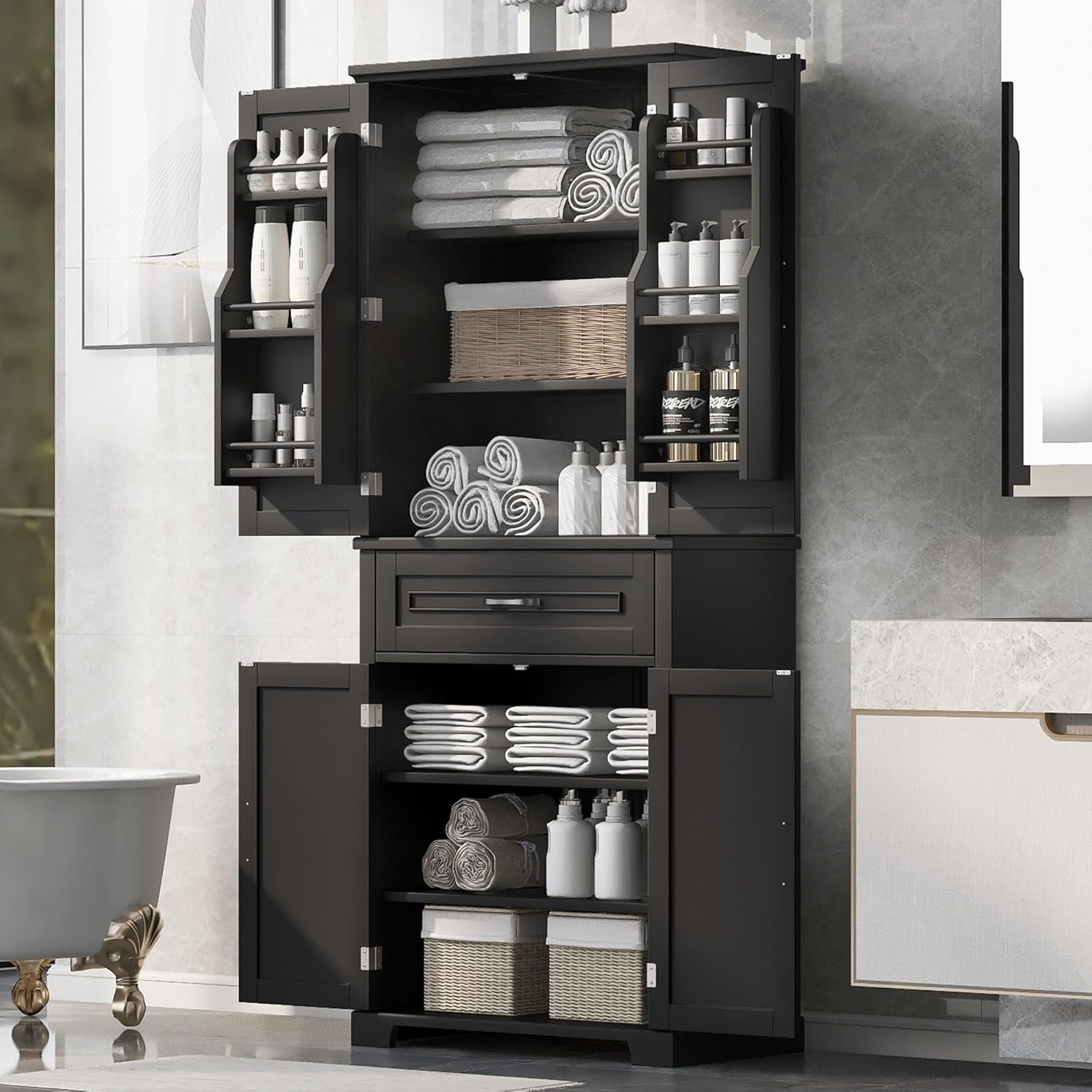 72.2" Tall Storage Cabinet with 4 Doors and Drawer, Freestanding Linen Cabinet, Wooden Pantry with Adjustable Shelf for Kitchen, Bathroom, Living Room Black