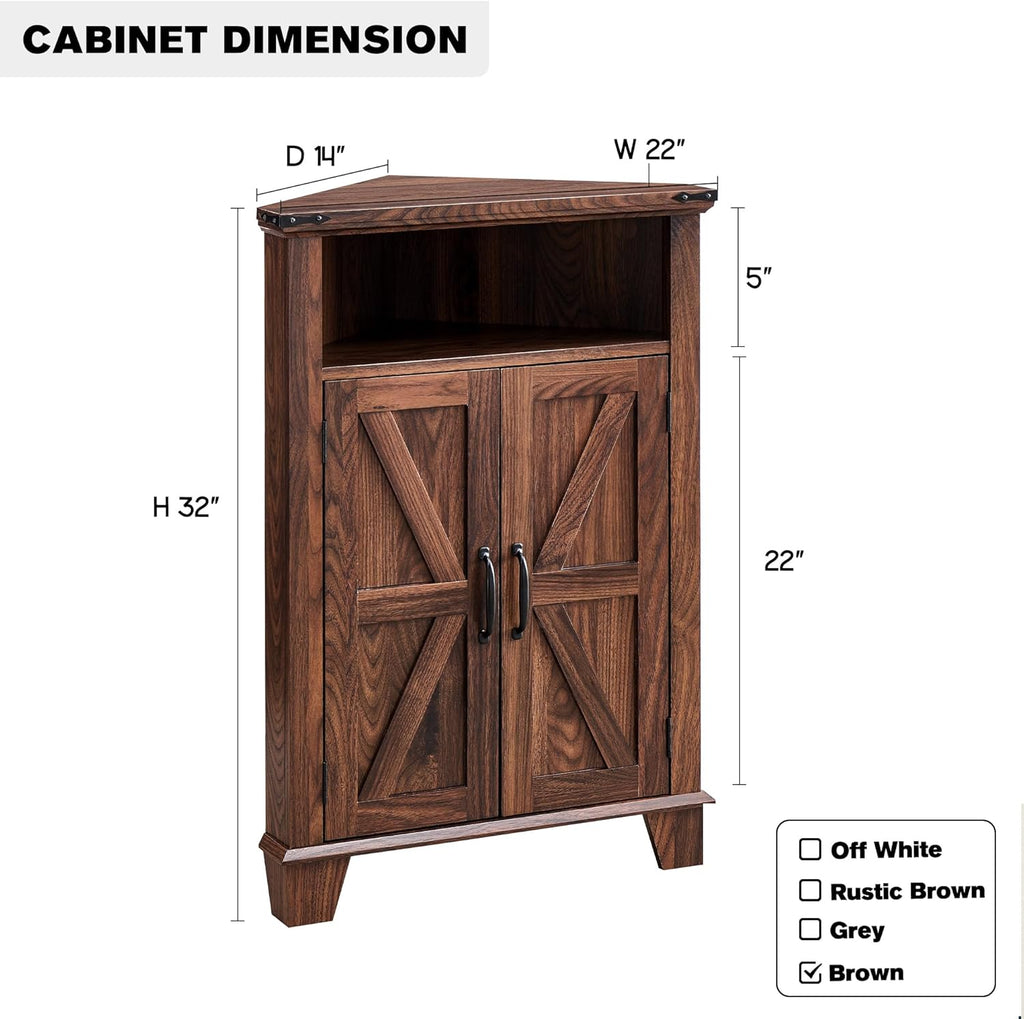 Corner Bathroom Cabinet, Farmhouse Small Cabinet with Barn Door & Adjustable Shelf, Storage Cabinets for Bathroom, Kitchen & Living Room, Brown